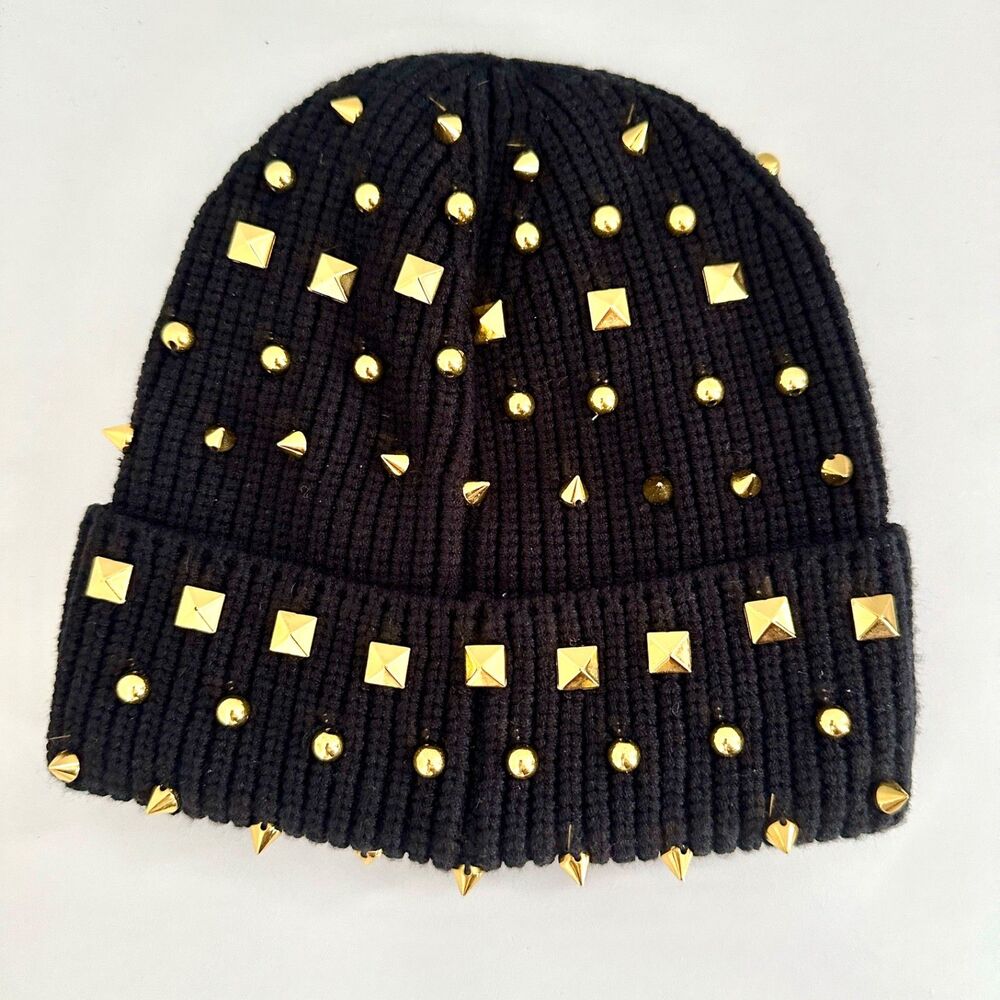 Lele Sadoughi Black Gold Studded Beanie Hat Ribbed Knit Spike Pyramid Punk OS